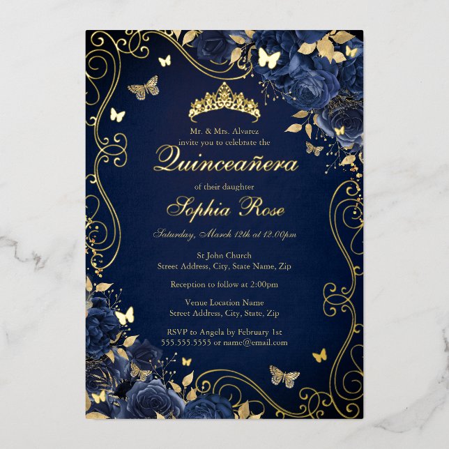 Invitación Con Relieve Metalizado Mariposa Floral De Oro De La Marina Quinceanera (Anverso)