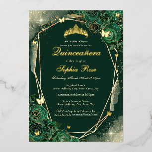 Invitación Con Relieve Metalizado Mariposa Floral de Oro Esmeralda Quinceañera