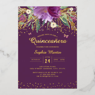 Invitación Con Relieve Metalizado Mariposa floral de oro púrpura Quinceanera