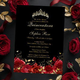 Invitación Con Relieve Metalizado Mariposa floral de oro rojo Tiara Quinceanera