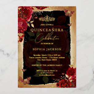 Invitación Con Relieve Metalizado Mariposa floral de oro rosa rojo Tiara Quinceanera