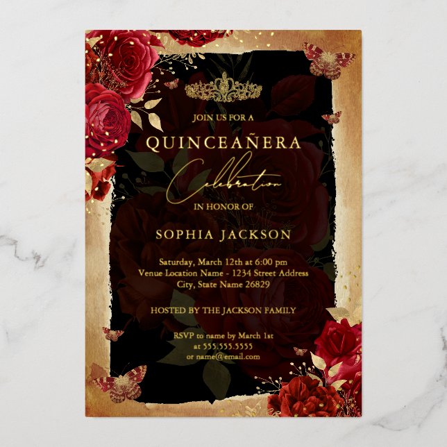 Invitación Con Relieve Metalizado Mariposa floral de oro rosa rojo Tiara Quinceanera (Anverso)