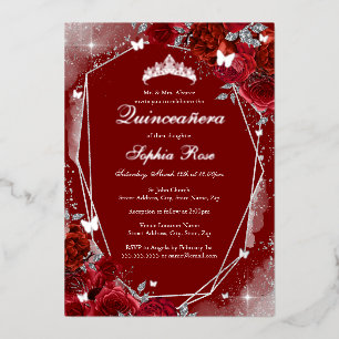 Invitación Con Relieve Metalizado Mariposa Floral de Plata Roja Quinceañera