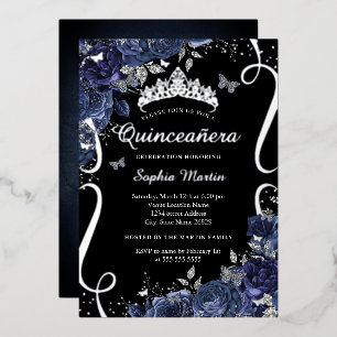 Invitación Con Relieve Metalizado Mariposa Floral de Scroll Negro Quinceañera