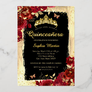 Invitación Con Relieve Metalizado Mariposa Floral Dorada Negra Quinceañera
