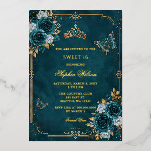 Invitación Con Relieve Metalizado Mariposa floral dorada y teal Sweet 16