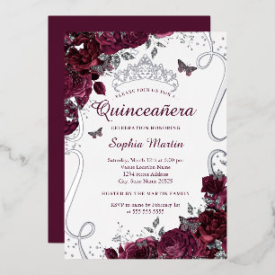 Invitación Con Relieve Metalizado Mariposa Floral Elegante Borgoña Quinceanera