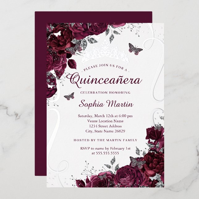 Invitación Con Relieve Metalizado Mariposa Floral Elegante Borgoña Quinceanera (Anverso/Reverso)