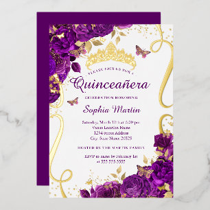 Invitación Con Relieve Metalizado Mariposa Floral Elegante Púrpura Quinceanera