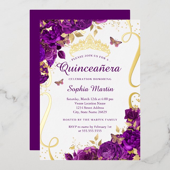 Invitación Con Relieve Metalizado Mariposa Floral Elegante Púrpura Quinceanera (Anverso/Reverso)