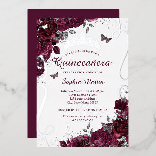 Invitación Con Relieve Metalizado Mariposa Floral Elegante Quinceañera Burgundy