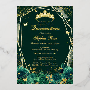 Invitación Con Relieve Metalizado Mariposa Floral Esmeralda Tiara Quinceanera