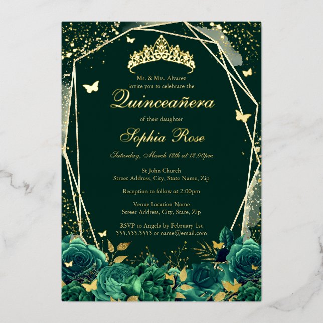 Invitación Con Relieve Metalizado Mariposa Floral Esmeralda Tiara Quinceanera (Anverso)