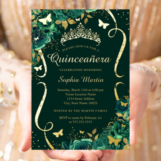 Invitación Con Relieve Metalizado Mariposa Floral Esmeralda Tiara Quinceanera (Subido por el creador)