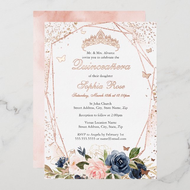 Invitación Con Relieve Metalizado Mariposa Floral Marina Rosa Quinceanera (Anverso/Reverso)