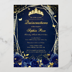 Invitación Con Relieve Metalizado Mariposa floral Marina Tiara Quinceanera