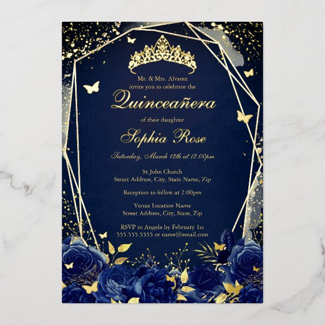 Invitación Con Relieve Metalizado Mariposa floral Marina Tiara Quinceanera (Anverso)