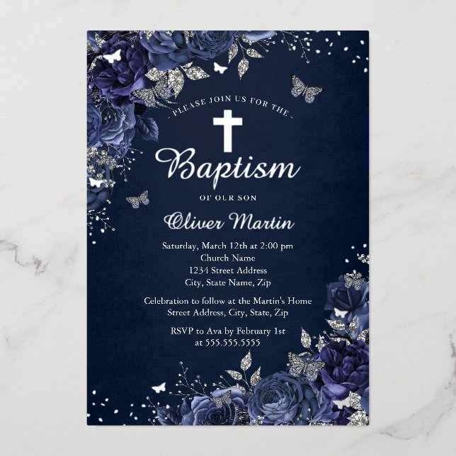 Invitación Con Relieve Metalizado Mariposa floral niño Baptismo Azul de la Marina Pl (Anverso)