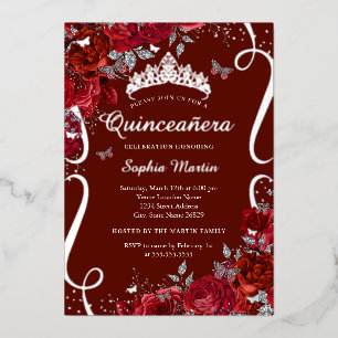 Invitación Con Relieve Metalizado Mariposa Floral Plateada Roja Elegante Quinceanera