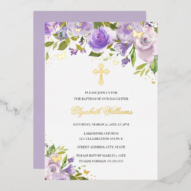 Invitación Con Relieve Metalizado Mariposa Floral Purple Gold Chica Bautismo (Anverso/Reverso)