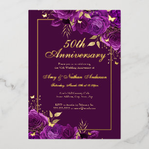 Invitación Con Relieve Metalizado Mariposa Floral Púrpura 50 Aniversario de Boda
