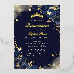 Invitación Con Relieve Metalizado Mariposa Floral Quinceañera Dorado Naval en Hojala