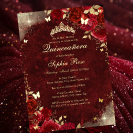 Invitación Con Relieve Metalizado Mariposa Floral Quinceañera Oro Real Rojo Lámina