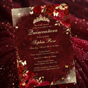 Invitación Con Relieve Metalizado Mariposa Floral Quinceañera Oro Real Rojo Lámina