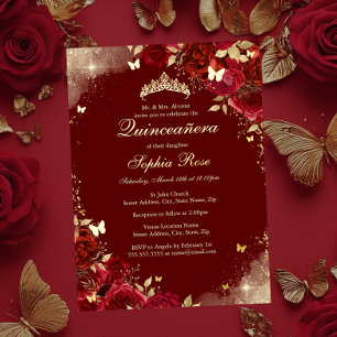 Invitación Con Relieve Metalizado Mariposa Floral Quinceañera Oro Rojo de Papel de A