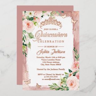 Invitación Con Relieve Metalizado Mariposa floral Quinceanera Rosa de Rubor