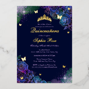 Invitación Con Relieve Metalizado Mariposa floral Rainbow Gold Quinceanera
