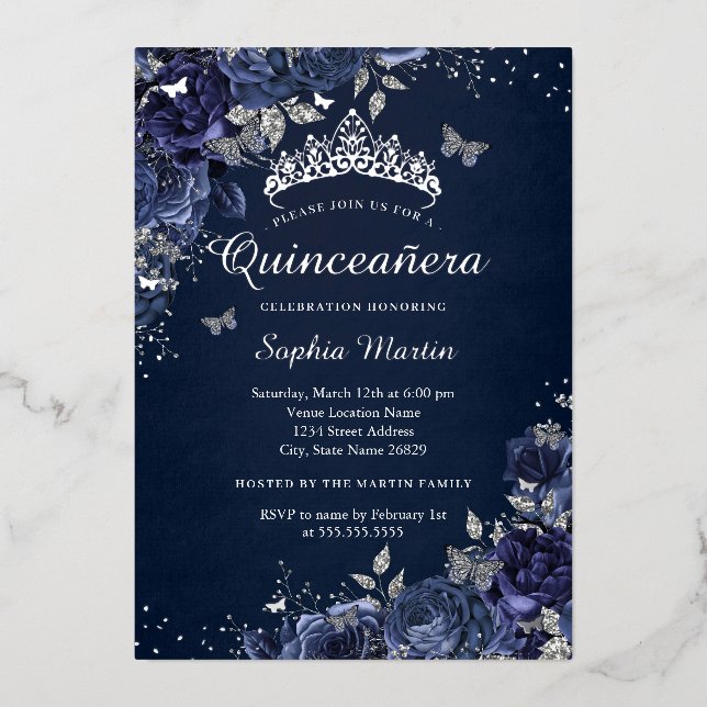 Invitación Con Relieve Metalizado Mariposa Floral Real Marina Quinceanera (Anverso)