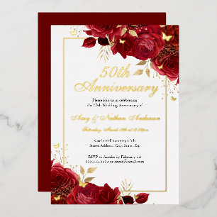 Invitación Con Relieve Metalizado Mariposa Floral Roja 50 Aniversario de Boda