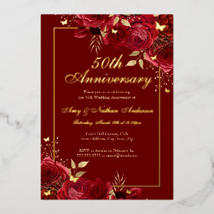 Invitación Con Relieve Metalizado Mariposa Floral Roja 50 Aniversario de Boda