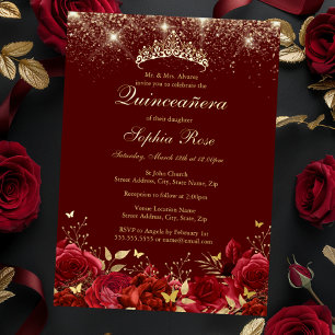 Invitación Con Relieve Metalizado Mariposa floral roja de oro de Relieve metalizado