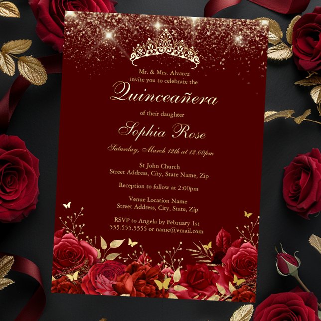 Invitación Con Relieve Metalizado Mariposa floral roja de oro de Relieve metalizado  (Subido por el creador)