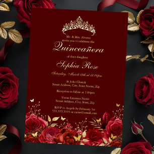 Invitación Con Relieve Metalizado Mariposa Floral Roja de Oro Tiara Quinceanera