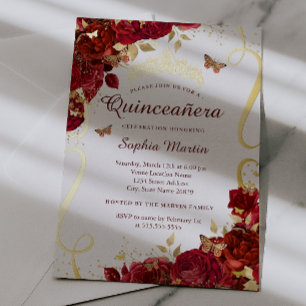 Invitación Con Relieve Metalizado Mariposa Floral Roja Dorada Elegante Quinceañera 
