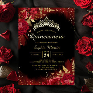 Invitación Con Relieve Metalizado Mariposa Floral Roja Dorada Foto Quinceañera
