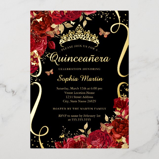 Invitación Con Relieve Metalizado Mariposa Floral Roja Elegante Oro Quinceanera (Anverso)