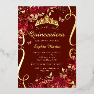 Invitación Con Relieve Metalizado Mariposa floral roja elegante Quinceanera