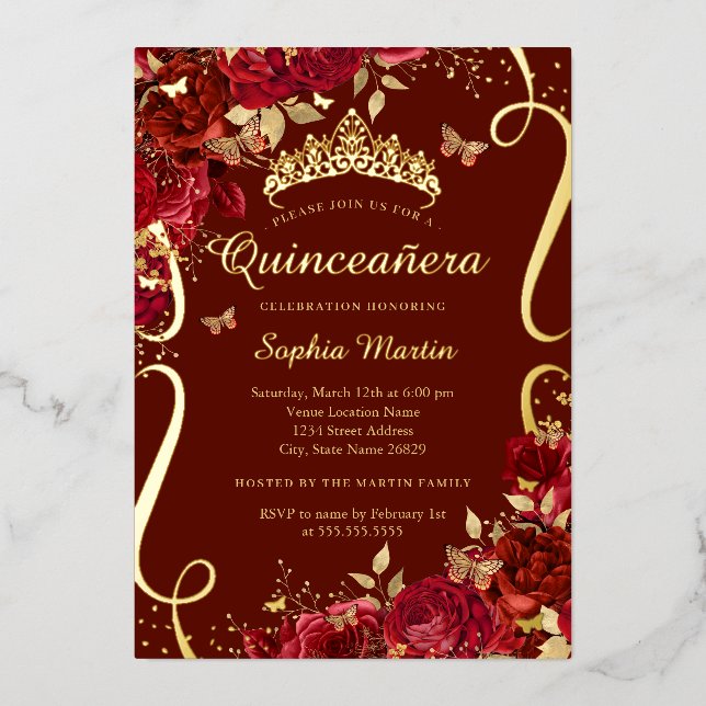 Invitación Con Relieve Metalizado Mariposa floral roja elegante Quinceanera (Anverso)
