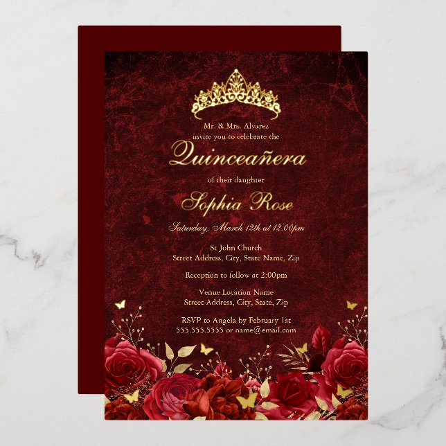 Invitación Con Relieve Metalizado Mariposa floral roja real Tiara Quinceanera (Anverso/Reverso)