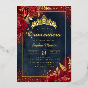 Invitación Con Relieve Metalizado Mariposa Floral Rojo Dorado Quinceañera