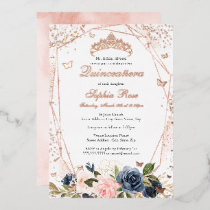 Invitación Con Relieve Metalizado Mariposa Floral Rosa Azul Quinceañera
