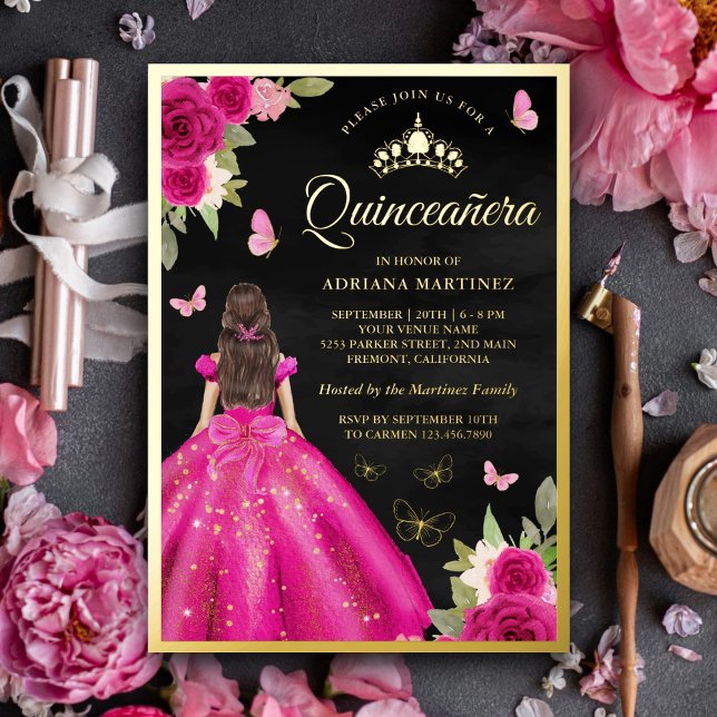 Invitación Con Relieve Metalizado Mariposa floral rosa caliente negro Quinceanera Go (Subido por el creador)