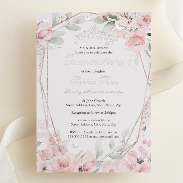 Invitación Con Relieve Metalizado Mariposa floral rosa de oro Rosa Quinceanera (Subido por el creador)