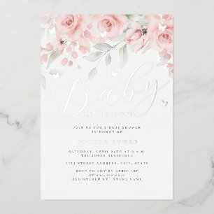 Invitación Con Relieve Metalizado Mariposa floral rosa plateada bebé en flor