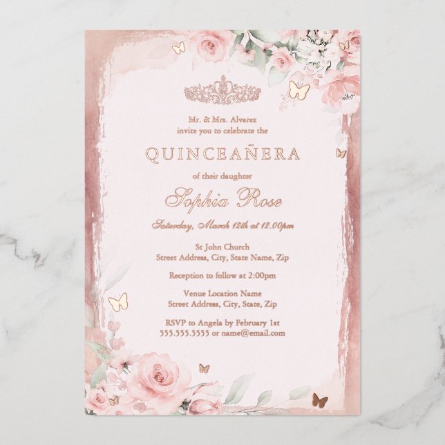 Invitación Con Relieve Metalizado Mariposa floral rosa Rosa Quinceanera 15 (Anverso)