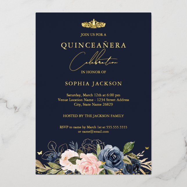 Invitación Con Relieve Metalizado Mariposa floral rosa Rubor de la marina Quinceaner (Anverso)